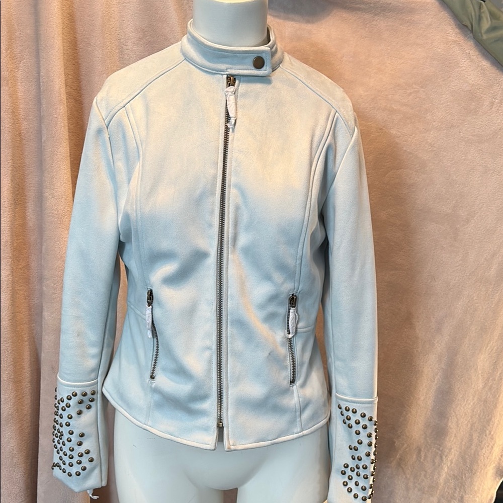 Blue Leather Jacket with Standing Collar and Fitted Silhouette